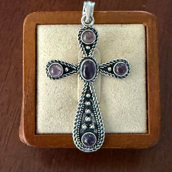 Stunning Amethyst Gemstone Cross Beaded Pendant Necklace Sterling Silver New - Picture 1 of 6